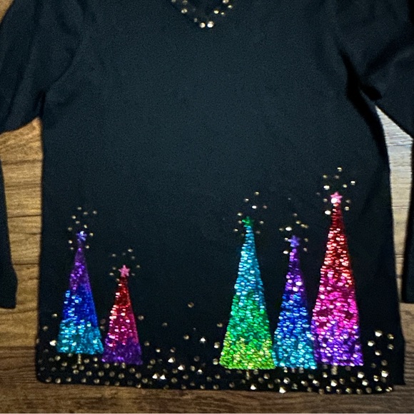 Quaker Factory • Size 8 • Black W/Multi-Colors Sequins •Christmas Trees •Sweater - Picture 4 of 8